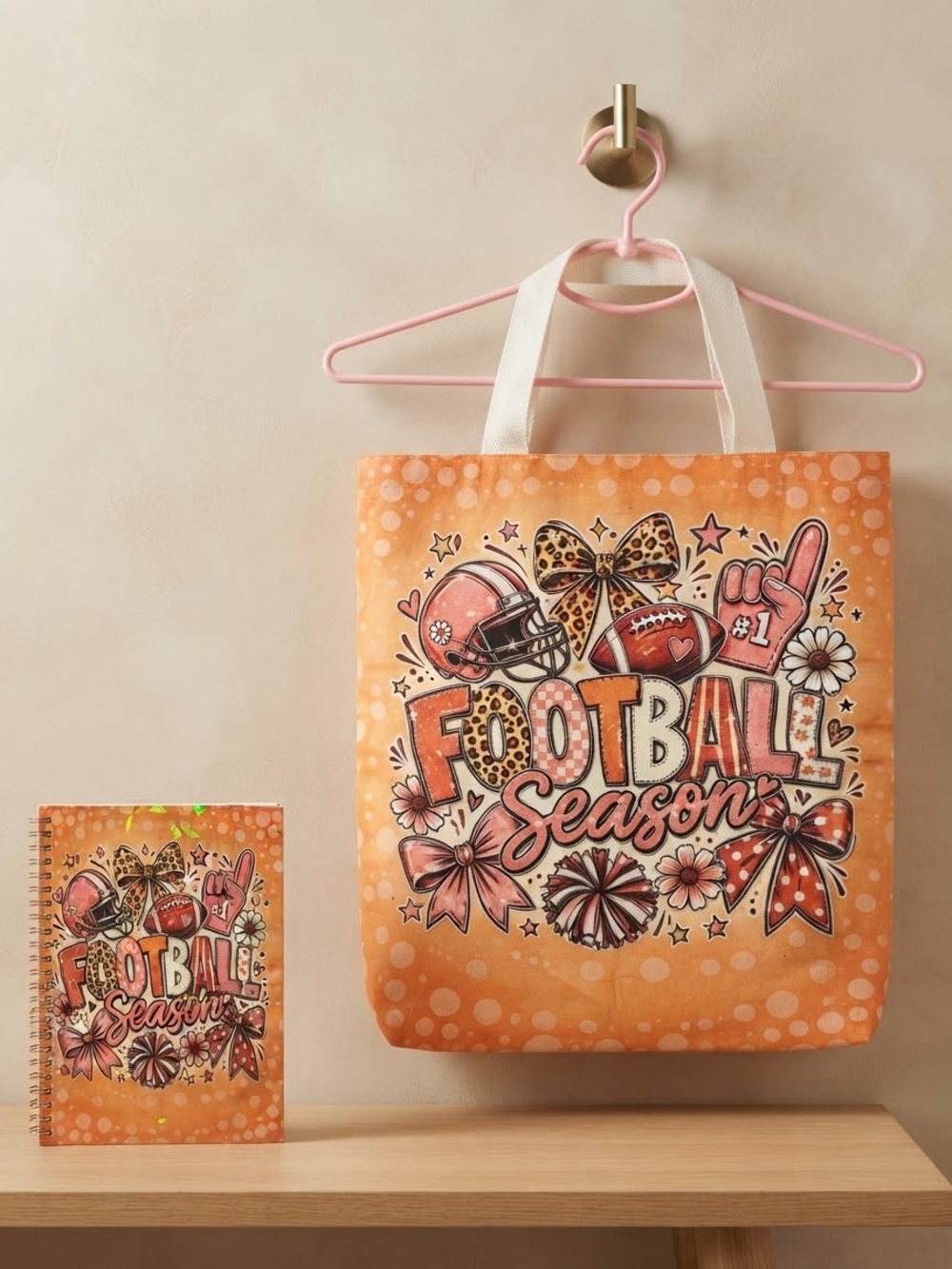 Kids 'Football Season' Orange Tote Bag with White Handles & Notebook